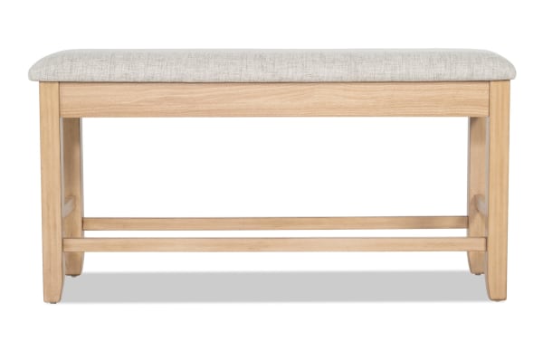 Homeworks Natural & Gray Upholstered Counter Height Dining Bench with gray polyester cushion, wooden frame, and lift-top storage, transitional style.