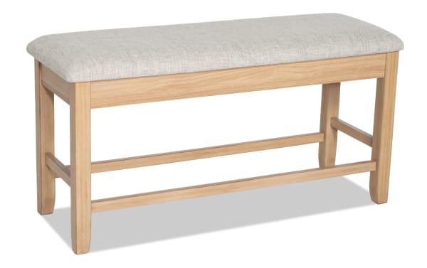 Homeworks Natural & Gray Upholstered Counter Height Storage Dining Bench with gray polyester fabric seat, natural wood frame, and lift-top storage.