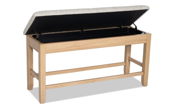 Homeworks Natural & Gray Upholstered Counter Height Storage Dining Bench with gray polyester fabric seat, wooden frame, and lift-top storage, transitional style.