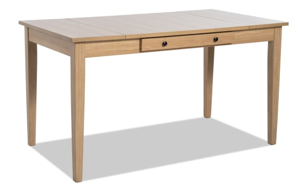 Transitional Homeworks Natural Counter Height Lift-Top Storage Dining Table in rubberwood with melamine finish, featuring lift-top ends and two felt-lined drawers for versatile storage.