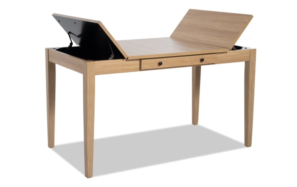 Homeworks Natural Counter Height Lift-Top Storage Dining Table in transitional style with melamine finish, rubberwood frame, and felt-lined drawers.