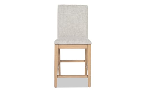 Homeworks Natural & Gray Solid Back Upholstered Counter Height Stool with gray polyester fabric, wooden frame, and cushioned Bob-O-Pedic Memory Foam seat.
