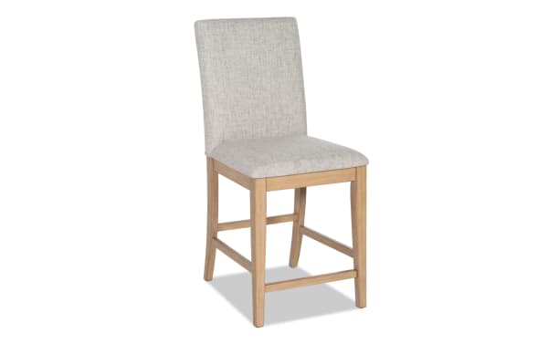 Transitional Homeworks Natural & Gray upholstered counter height stool with gray polyester fabric, memory foam seat, and natural wood frame.