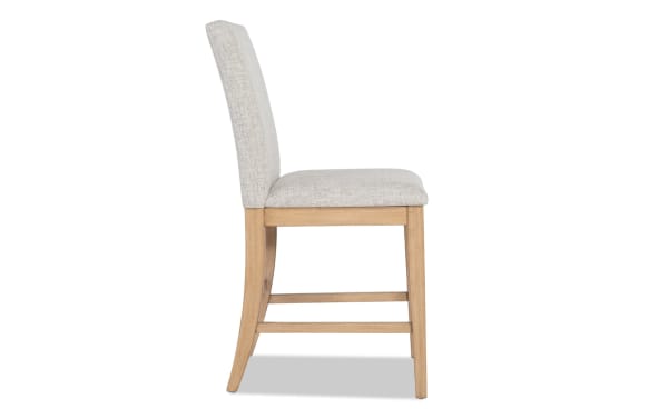 Homeworks Natural & Gray upholstered counter height stool with gray polyester fabric, memory foam seat, and natural wood frame in transitional style.