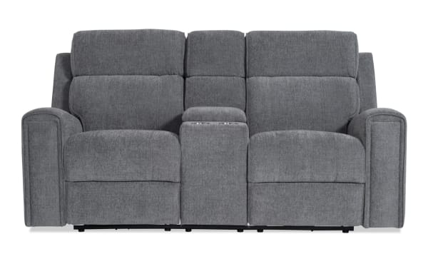 Athens Gray 75'' power reclining console loveseat in gray polyester fabric, transitional style, with power headrests, USB ports, cup holders, and memory foam seating.