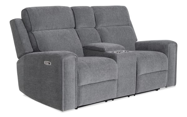 Athens Gray 75'' transitional power reclining console loveseat with power headrests, gray polyester fabric, USB ports, cup holders, and memory foam cushions.
