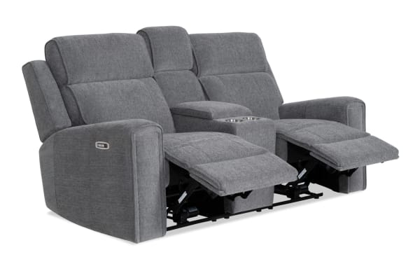 Athens Gray 75'' Power Reclining Console Loveseat with power headrest, USB ports, cup holders, and gray polyester fabric upholstery in transitional style.