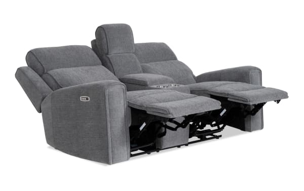 Athens Gray 75'' transitional power reclining console loveseat with power headrests, gray polyester fabric, built-in USB ports, cup holders, and memory foam cushions.