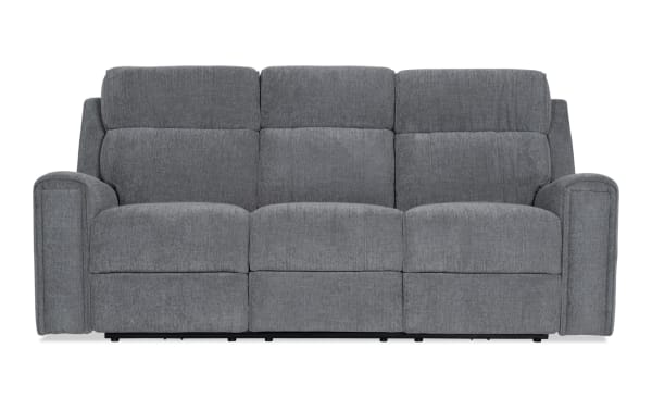 Athens Gray 85'' power reclining sofa with power headrest, gray polyester fabric upholstery, transitional style, featuring cup holders, hidden storage, and USB ports.