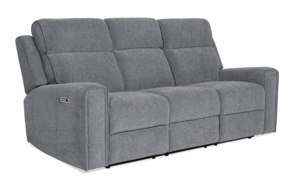 Athens Gray 85'' power reclining sofa with power headrest in gray polyester fabric. Transitional style with plush cushions and wide padded arms.