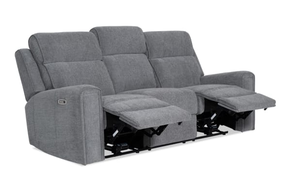 Athens Gray 85'' transitional power reclining sofa in gray polyester fabric with power headrests, dual recliners, and plush cushioned seats.