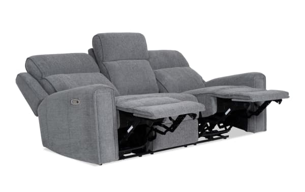 Athens Gray 85'' power reclining sofa in gray polyester fabric with power headrests, cup holders, hidden storage, and USB ports. Transitional style.