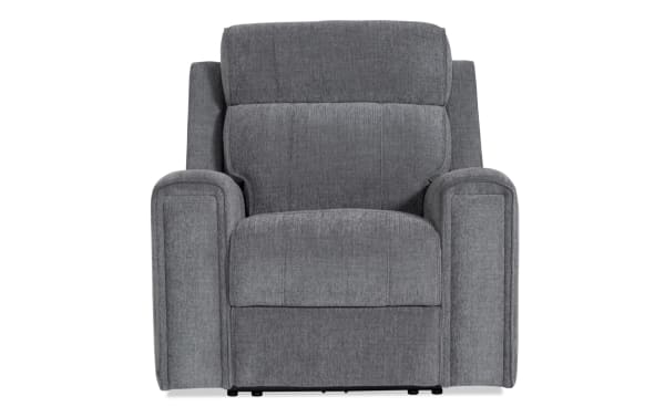 Athens Gray Power Recliner with power headrest, gray polyester fabric upholstery, transitional style, built-in USB/USB-C ports, and memory foam cushioning.