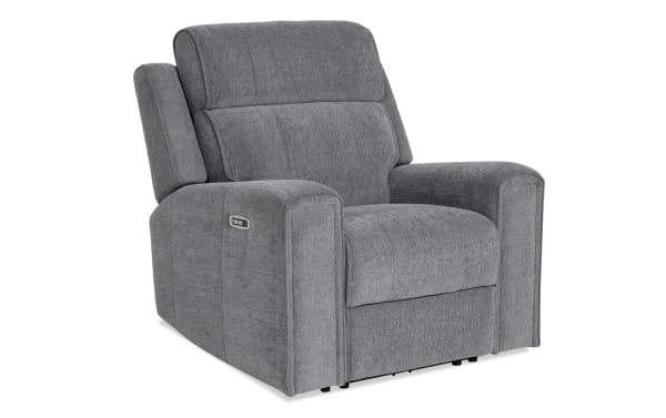 Athens Gray Power Recliner with power headrest, USB/USB-C ports, and Bob-O-Pedic Memory Foam, upholstered in gray polyester fabric, transitional style.