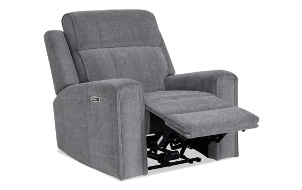 Athens Gray Power Recliner with power headrest, USB ports, and memory foam seat in gray polyester fabric, transitional style.