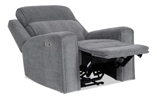 Athens Gray Power Recliner with power headrest in gray polyester fabric, transitional style, featuring USB/USB-C ports and memory foam cushioning.