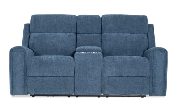 Athens Blue 75'' power reclining console loveseat in transitional style, blue polyester fabric with power headrests, USB ports, cup holders, and memory foam seating.
