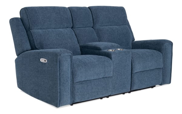 Athens Blue 75'' power reclining console loveseat in blue polyester fabric, transitional style with power headrests, USB ports, cup holders, and memory foam.