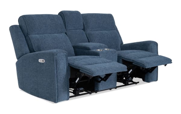 Athens Blue 75'' power reclining console loveseat with power headrest, blue polyester fabric, transitional style, USB ports, cup holders, memory foam.