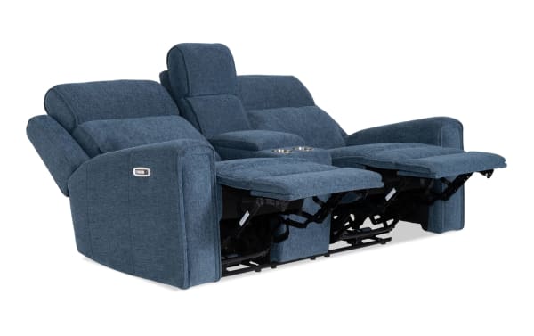 Athens Blue 75" transitional power reclining console loveseat with power headrests, blue polyester fabric, USB ports, cup holders, and memory foam cushions.