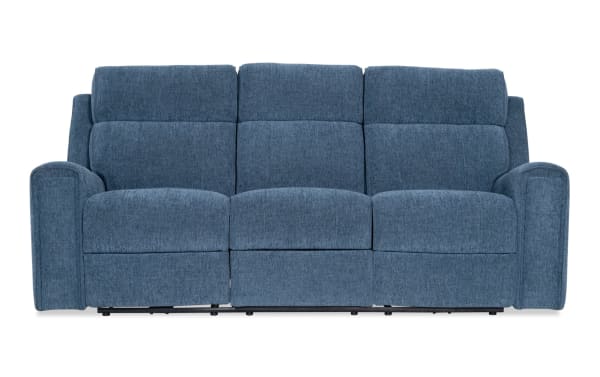 Athens Blue 85'' Power Reclining Sofa with Power Headrest in polyester fabric, transitional style, featuring three seats with plush cushions and padded armrests.