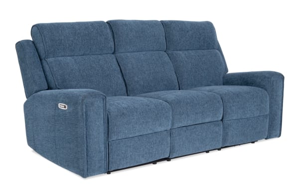 Athens Blue 85'' Power Reclining Sofa with Power Headrest in blue polyester fabric, transitional style, featuring plush cushioning and wide armrests.