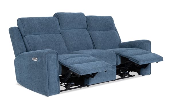 Athens Blue 85'' power reclining sofa with power headrests, blue polyester fabric, transitional style, featuring cup holders, hidden storage, and USB ports.