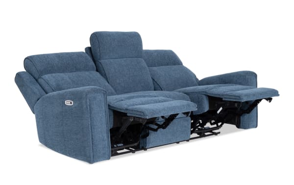 Athens Blue 85'' power reclining sofa in blue polyester fabric with power headrests, transitional style, and extended footrests for enhanced comfort.