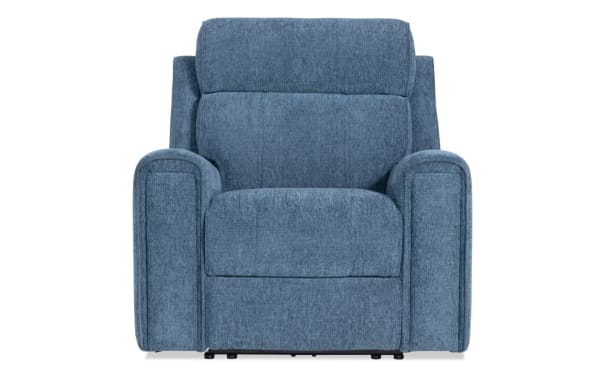 Athens Blue Power Recliner with Power Headrest in blue polyester fabric, transitional style, featuring plush cushioning and wide padded arms.