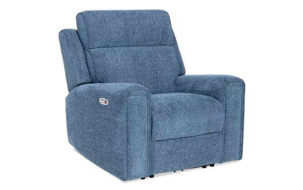 Athens Blue Power Recliner with Power Headrest in blue polyester fabric, transitional style, featuring power recline, USB/USB-C ports, and memory foam.
