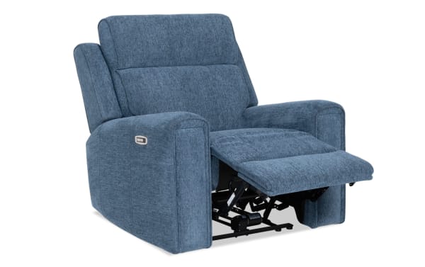 Athens Blue Power Recliner with Power Headrest in blue polyester fabric, transitional style, featuring power reclining, USB ports, and memory foam cushioning.