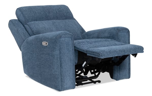 Athens Blue Power Recliner with Power Headrest in blue polyester fabric, transitional style, featuring power reclining, USB/USB-C ports, and memory foam cushioning.