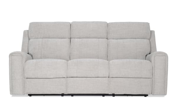Cream-colored Athens 85" transitional power reclining sofa with polyester fabric, power headrests, cup holders, hidden storage, and USB ports.