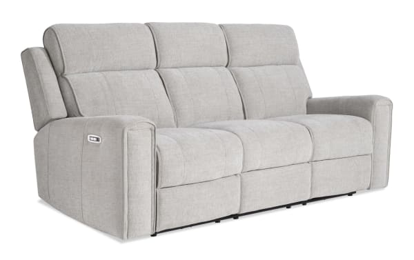 Athens Cream 85'' transitional power reclining sofa in beige polyester fabric with power headrest, USB ports, cup holders, and hidden storage.