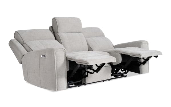 Athens Cream 85'' transitional power reclining sofa in beige polyester fabric with power headrests, dual recliners, and plush memory foam cushions.