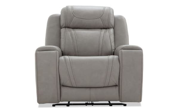 Dynamic Gray Leather Power Recliner with Power Headrest from the Dynamic collection, featuring smooth gray leather upholstery, plush cushioning, and wide armrests in a transitional style.