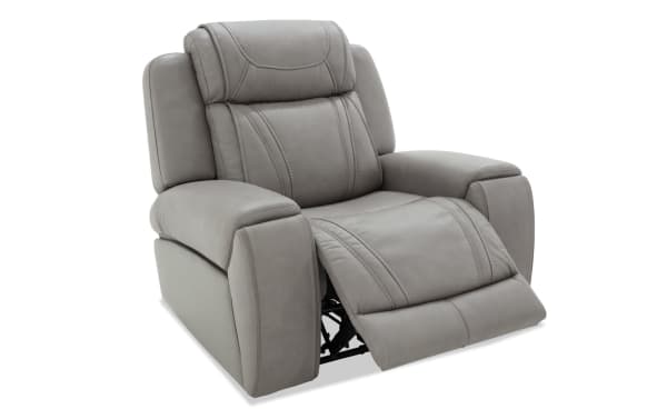 Dynamic Gray Leather Power Recliner from the Dynamic collection, featuring gray leather upholstery, transitional style, power reclining, power headrest, and built-in USB/USB-C ports.