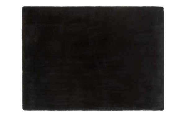Black Angora 8' x 10' transitional rug with plush high pile polyester fabric and charcoal Bob-O-Pedic memory foam backing for cushioned comfort.