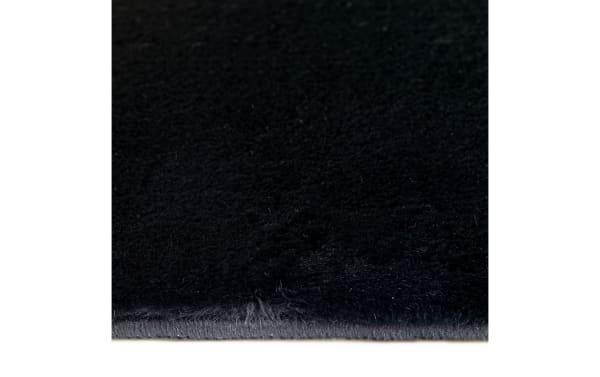 Black solid transitional Angora 8' x 10' rug with plush high pile polyester fabric and charcoal Bob-O-Pedic memory foam backing for cushioned comfort.