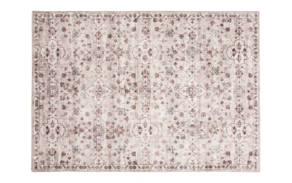 Vintage-style beige and brown patterned area rug with floral and geometric motifs, suitable for living room or bedroom decor.