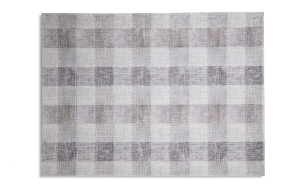 Beige plaid Cottage Check Angora 8' x 10' transitional rug with soft polyester fabric and charcoal Bob-O-Pedic memory foam backing for comfort and odor control.