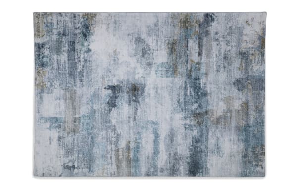 Transitional Angora 5' x 7' teal abstract rug with plush 15mm charcoal Bob-O-Pedic memory foam, soft polyester fabric, and modern green-blue pattern.