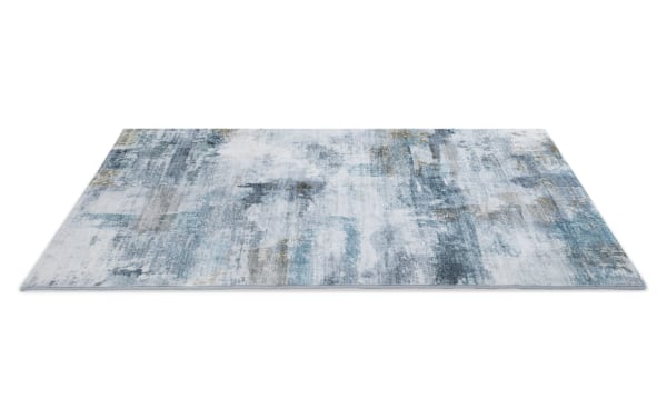 Transitional Angora 5' x 7' teal abstract rug with plush 15mm charcoal Bob-O-Pedic memory foam and soft polyester fabric, ideal for contemporary spaces.