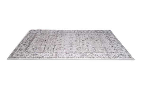 Light gray vintage-style area rug with subtle floral and geometric patterns, featuring a distressed look and decorative border.