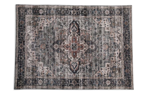 Basil 5' x 7' Multi Oriental Rug in multicolored transitional style with polyester fabric, featuring a detailed charcoal and rust medallion pattern and soft memory foam cushioning.