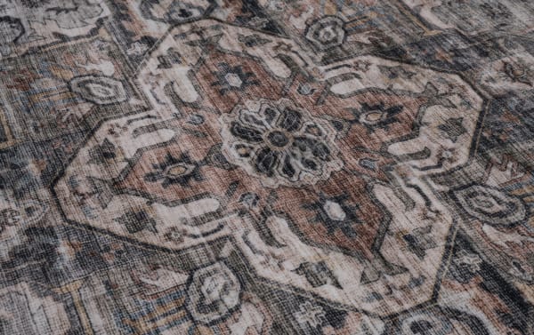 Basil 5' x 7' Multi Oriental Rug in multicolored transitional style with polyester fabric, featuring intricate floral and geometric patterns and soft memory foam cushioning for comfort and odor control.