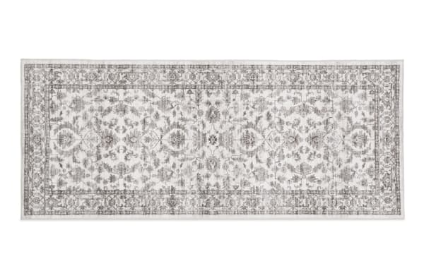 Vintage-style rectangular area rug with intricate gray floral and geometric patterns on a white background, suitable for living rooms or hallways.