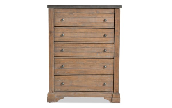 Beaumont Brown & Gray 5 Drawer Chest in traditional style with pine solids, veneer, MDF, featuring five spacious drawers, ball bearing guides, and rustic wood finish.