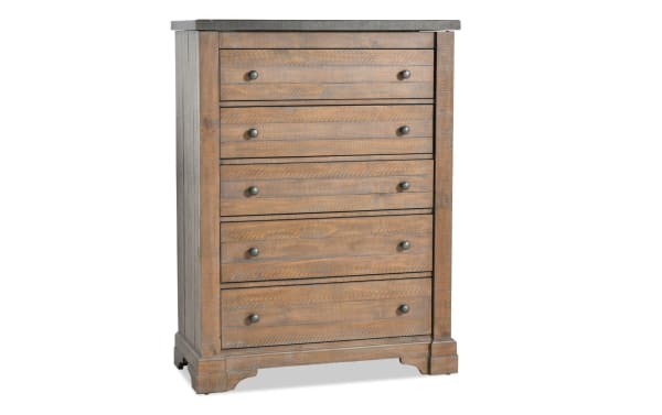 Beaumont Brown & Gray 5 Drawer Chest in traditional style with pine solids, veneer, MDF, featuring ball bearing guides and dovetail fronts.