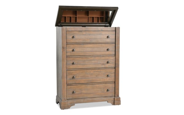 Beaumont Brown & Gray 5 Drawer Chest with lift-top jewelry tray, pine solids and veneer, traditional style, ball bearing guides, dovetail fronts.